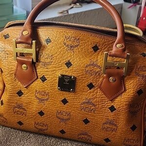 MCM Cognac Monogram Visetos Satchel with Red-Brown Handles EUC